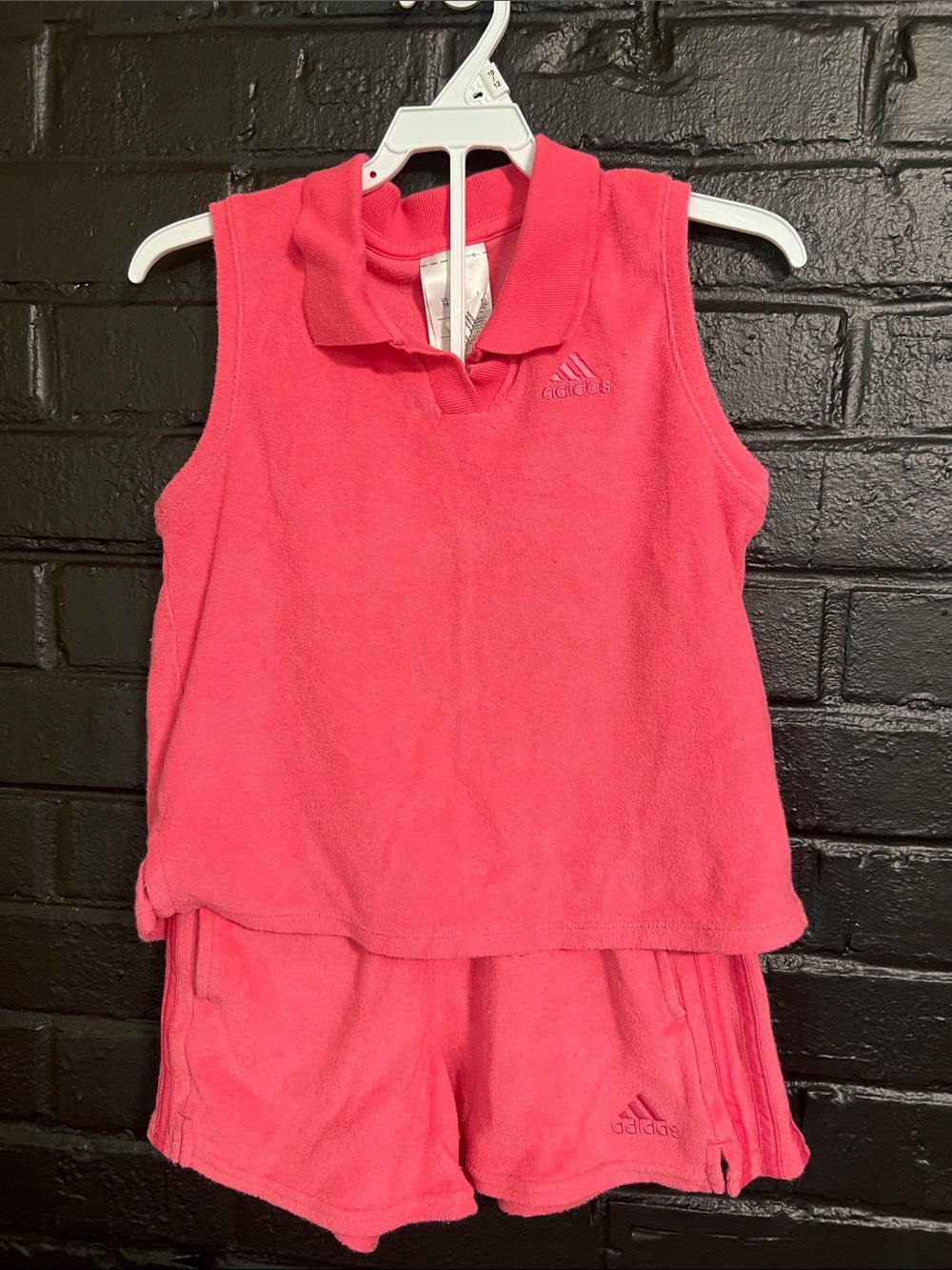 adidas Girls Bright Pink Terry Tank Top & Matching Shorts Set